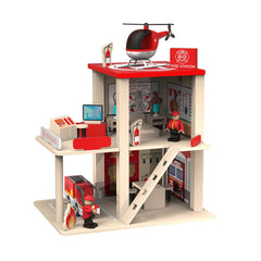 BBtinker wooden fire station playset front view for imaginative pretend play