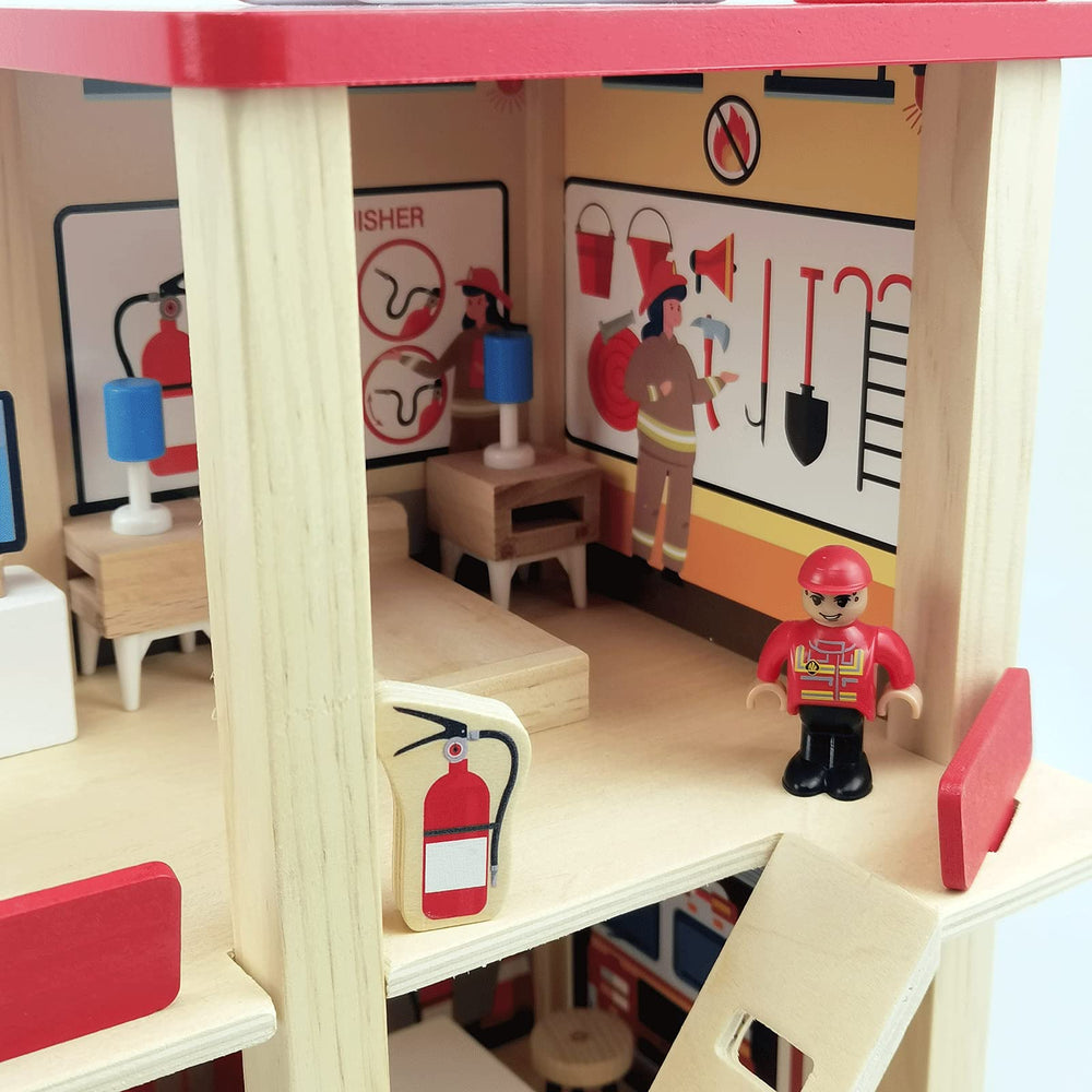 BBtinker wooden fire station playset open side view for easy access during play