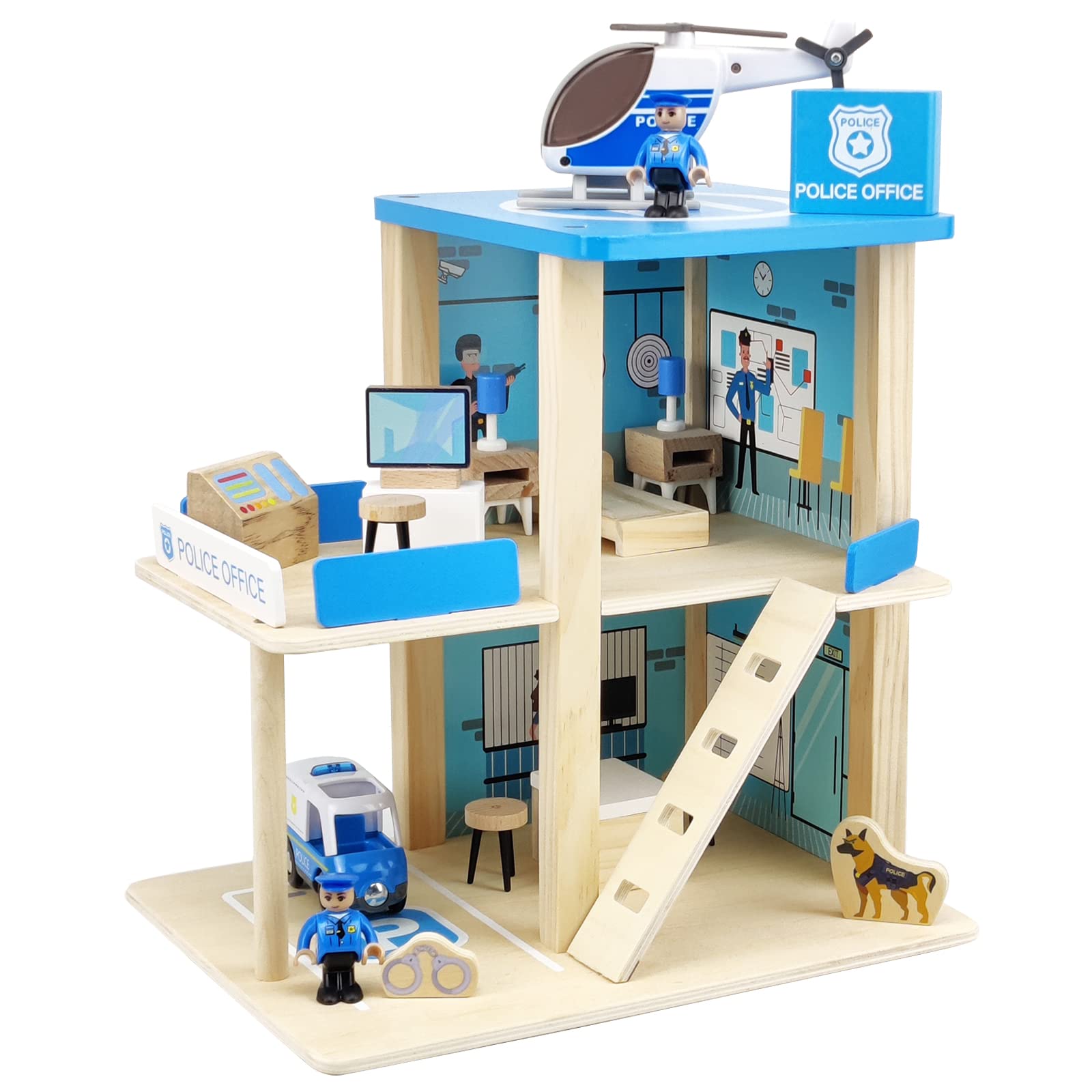 BBtinker wooden police station playset front view encourages imaginative role-play.
