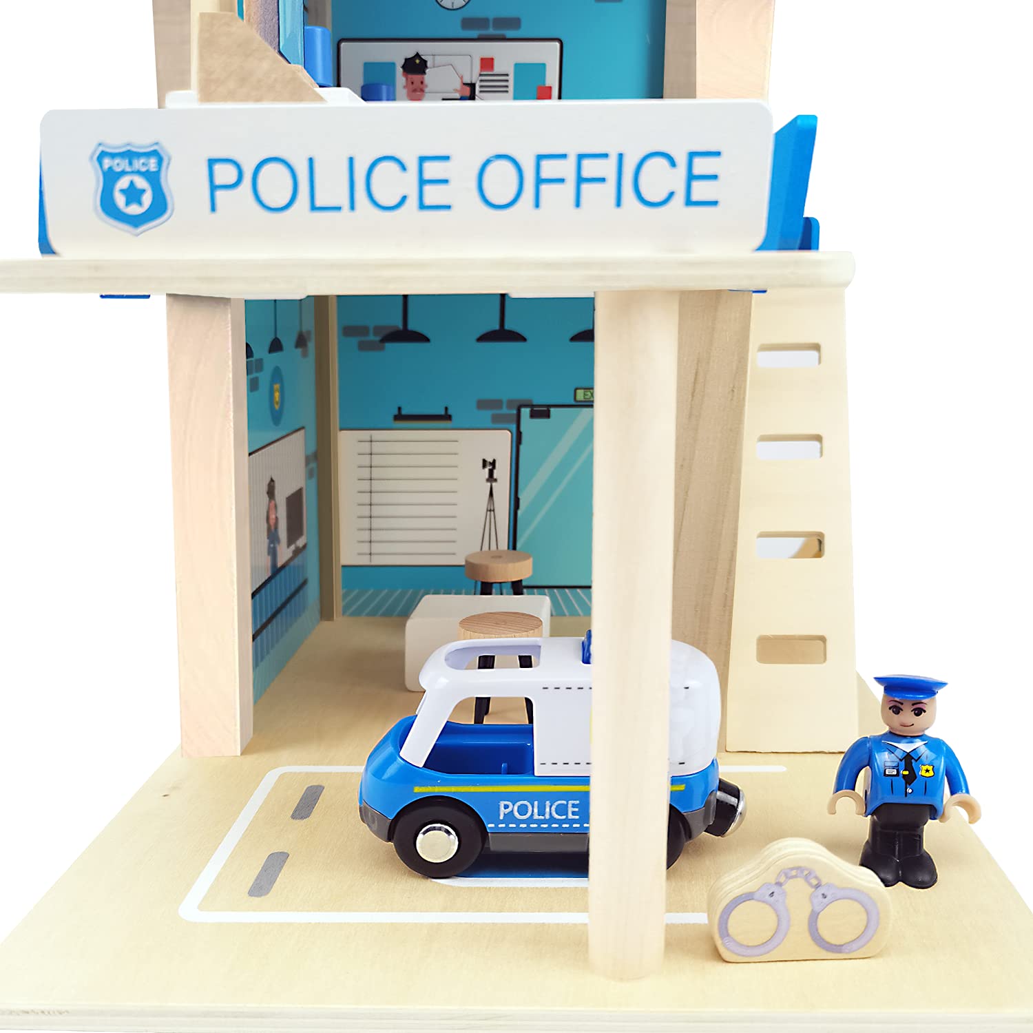 BBtinker wooden police station playset side-open design supports accessible pretend play.