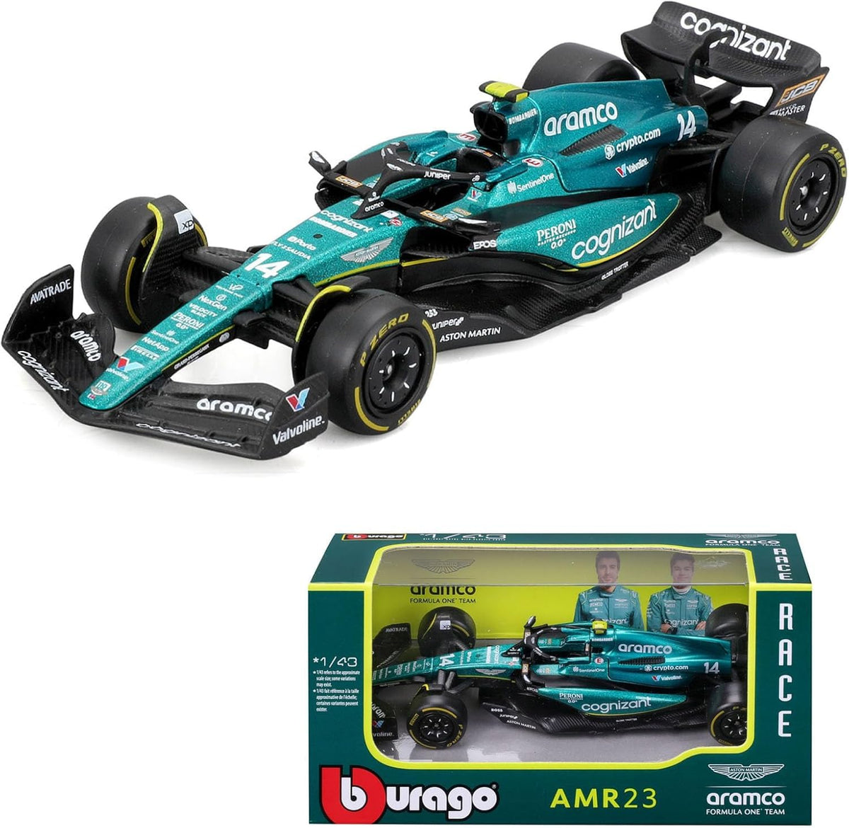 BBurago 1/43 F1 Aston Martin AMR23 front view with licensed detailing