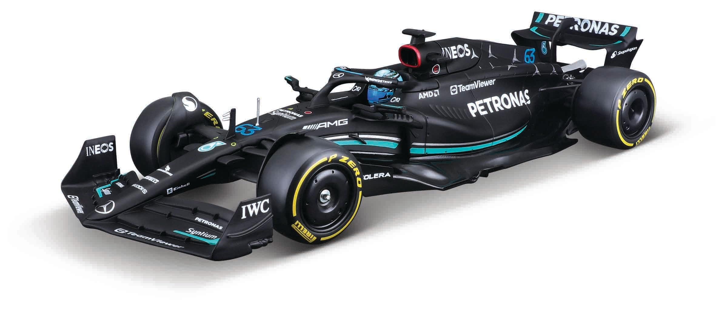 BBurago Mercedes W14 model kit with helmet offers 1:24 display and collection options.