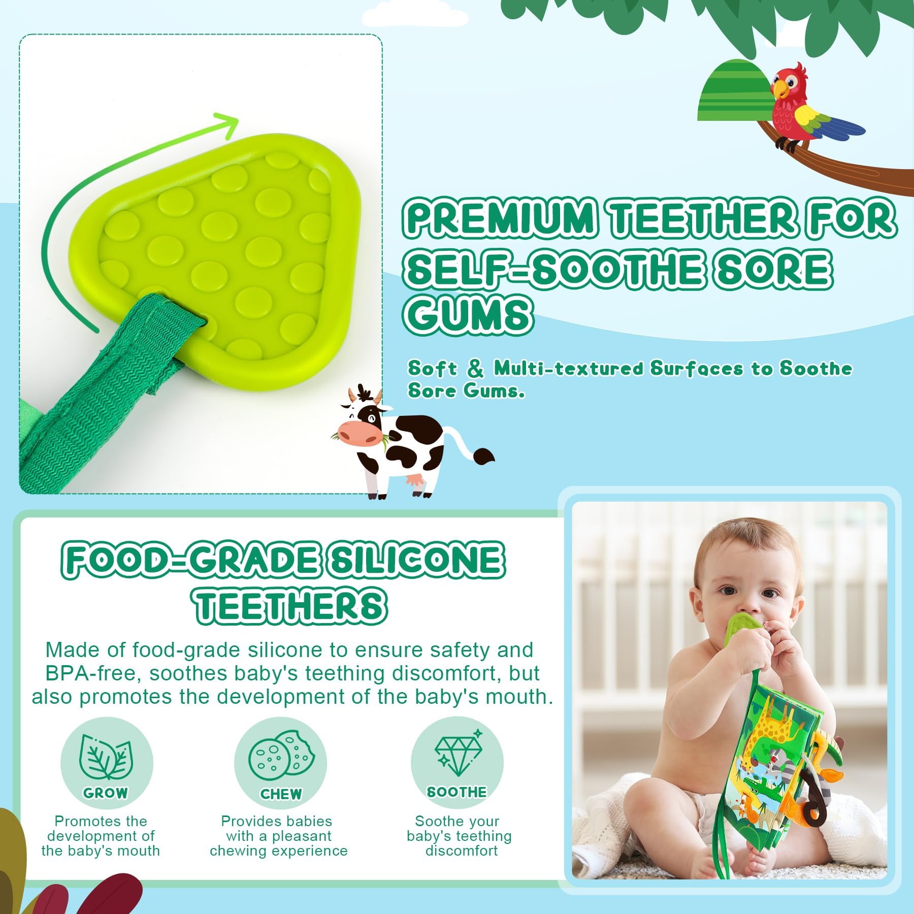 BBWOO baby interacts with color-saturated pages supporting early language and sensory skills.