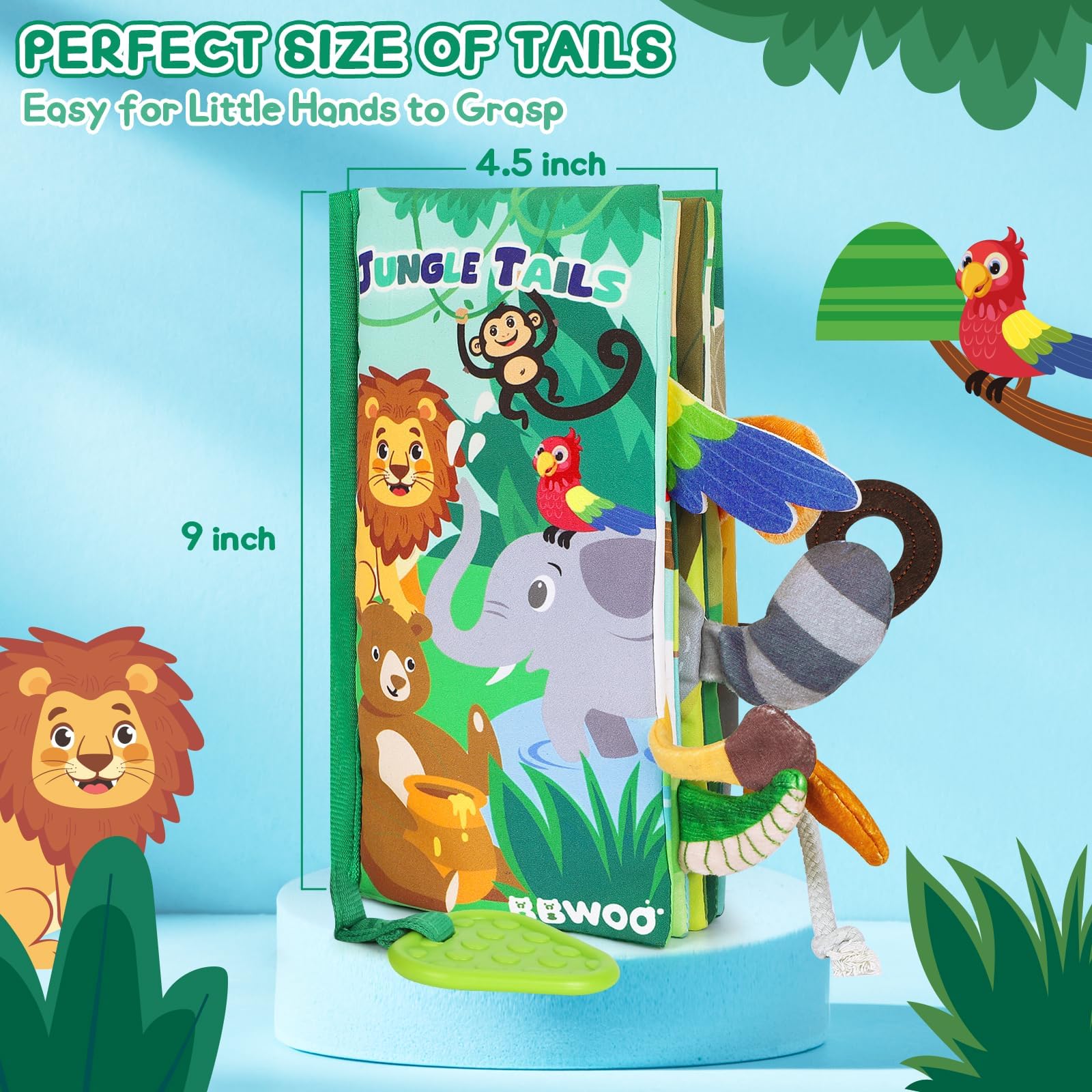 BBWOO crinkle pages and squeaker engage hearing and tactile awareness during play.