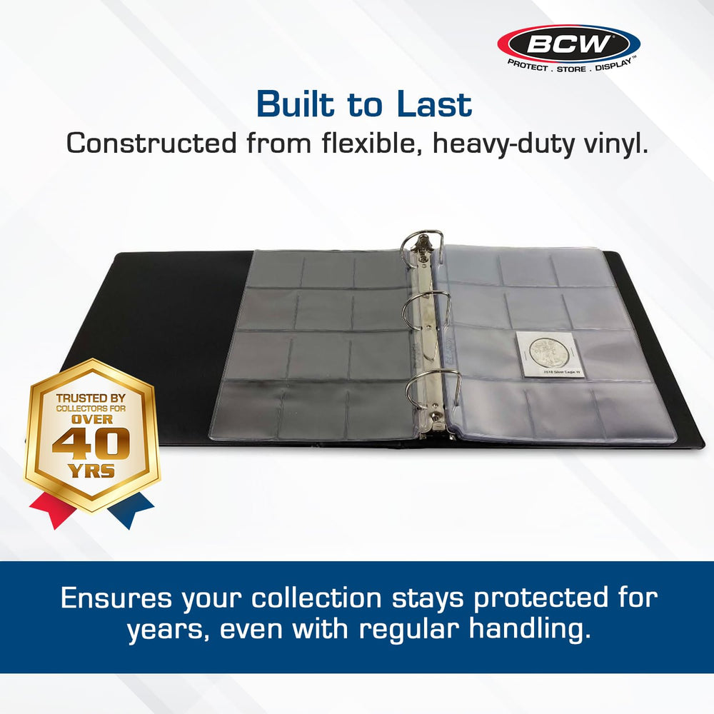 BCW 3-Inch Coin Album open pages demonstrate high-capacity storage for coins and currency sheets