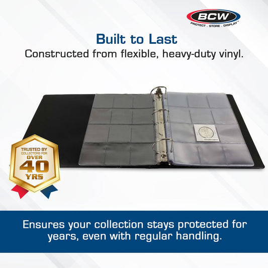 BCW 3-Inch Coin Album open pages demonstrate high-capacity storage for coins and currency sheets