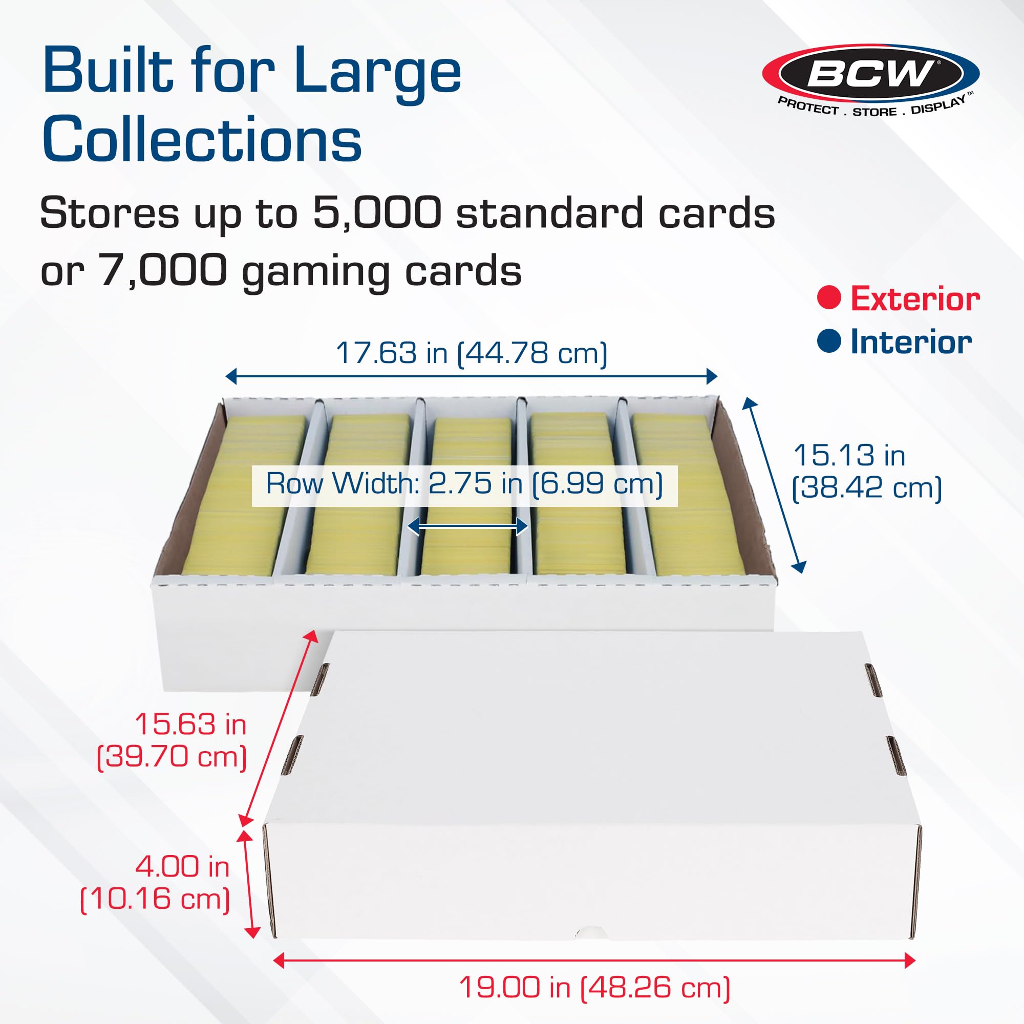 BCW 5000ct holds up to 5,000 standard cards, ideal for bulk collections and quick sorting.