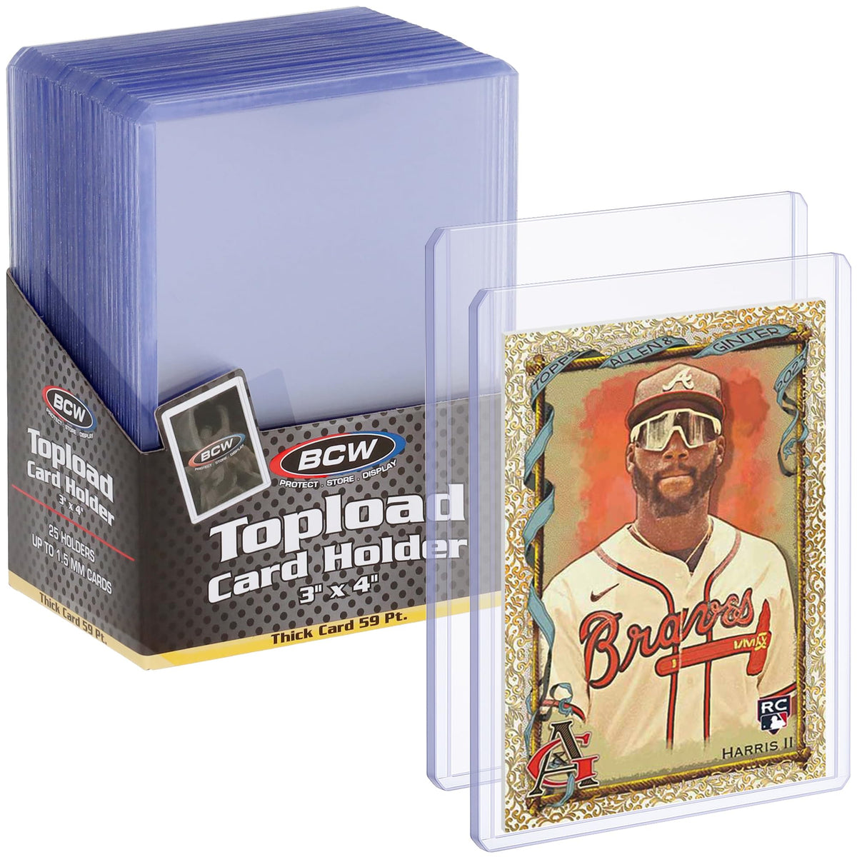 BCW 59pt thick top loader exterior shows a 3x4 inch frame for thick cards.
