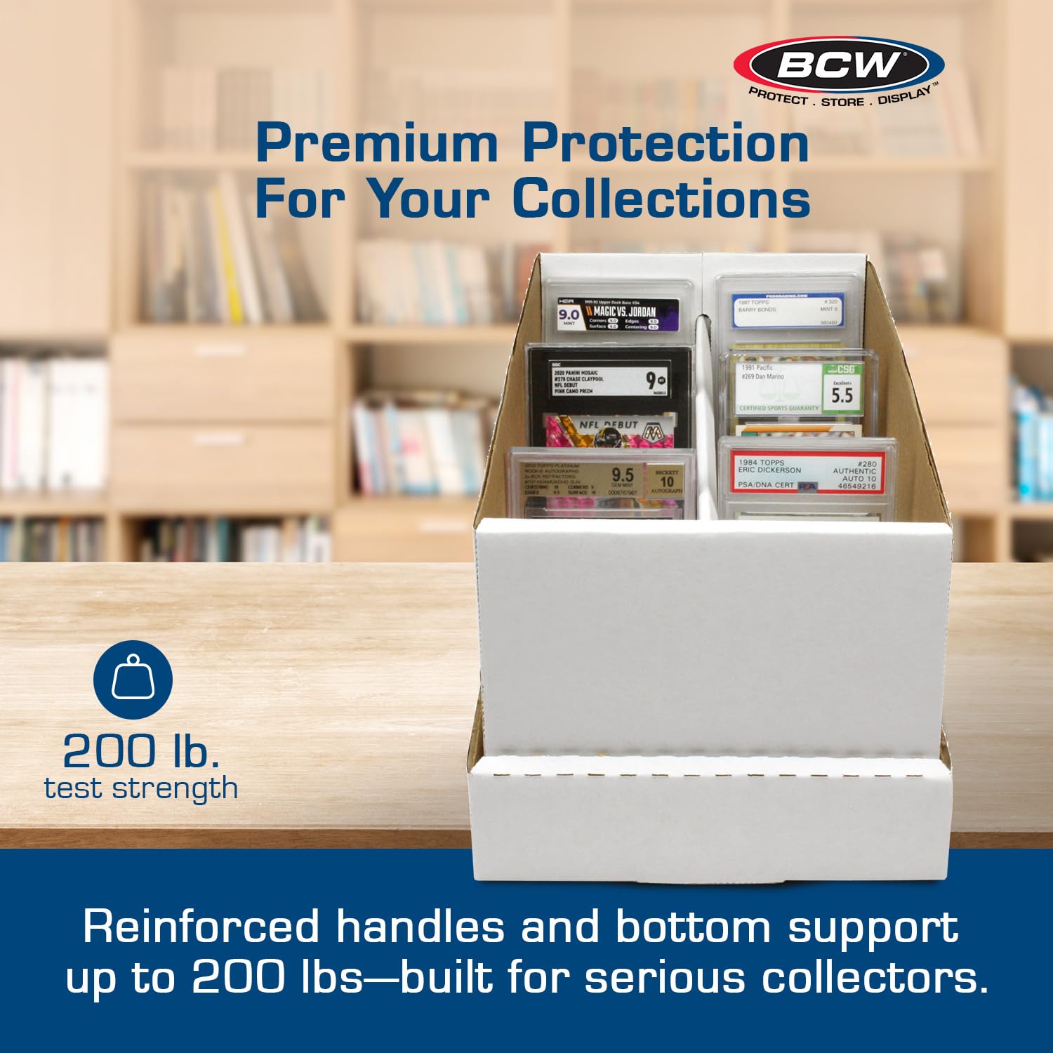 Graded cards organized with BCW storage solution.
