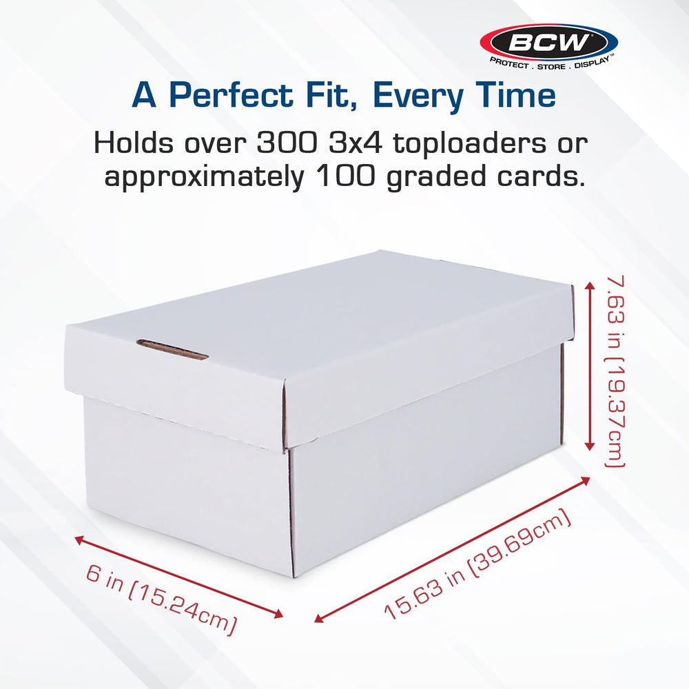 Stackable BCW storage box saves shelf space.
