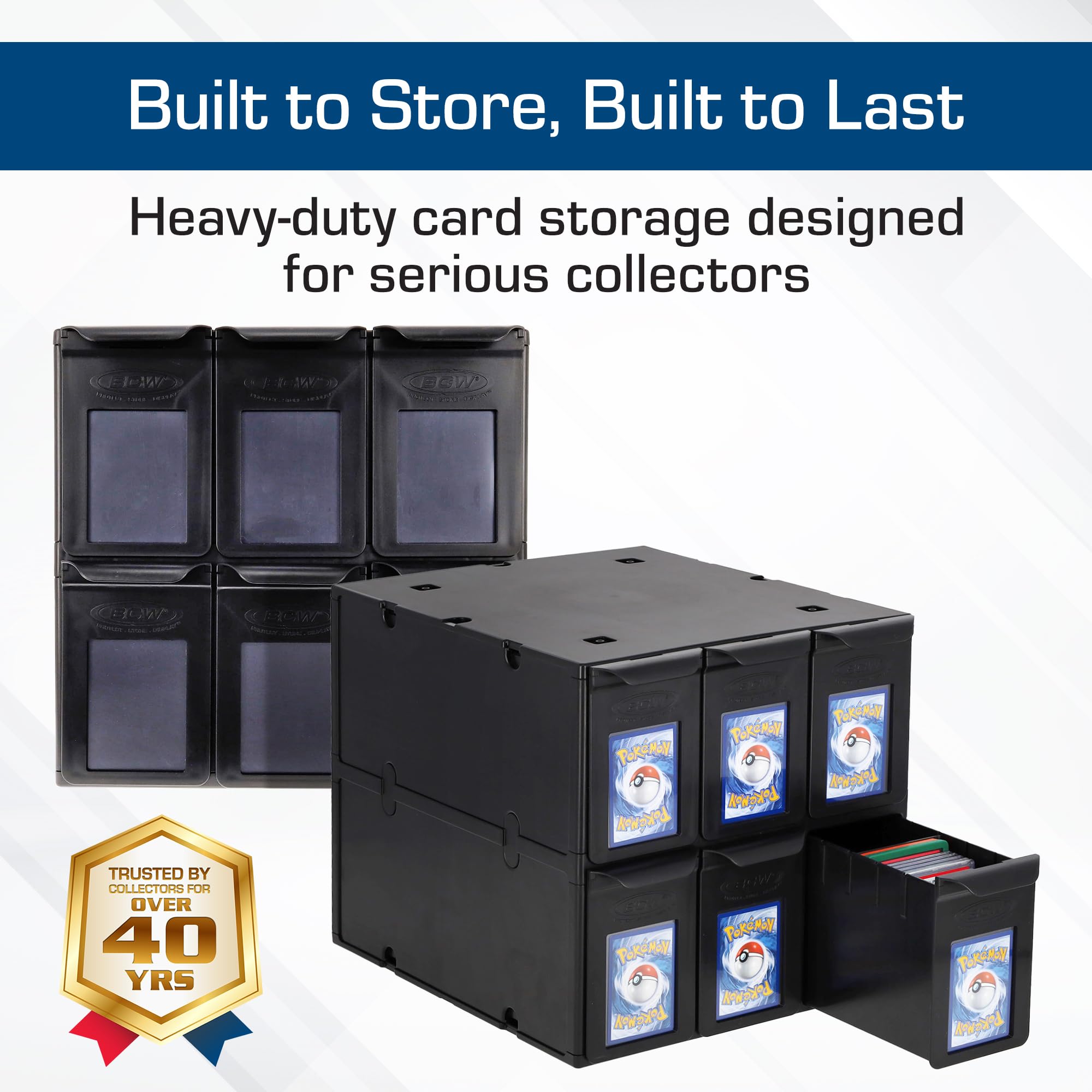 BCW 6-drawer card catalog drawer open with organized contents and accessible drawer