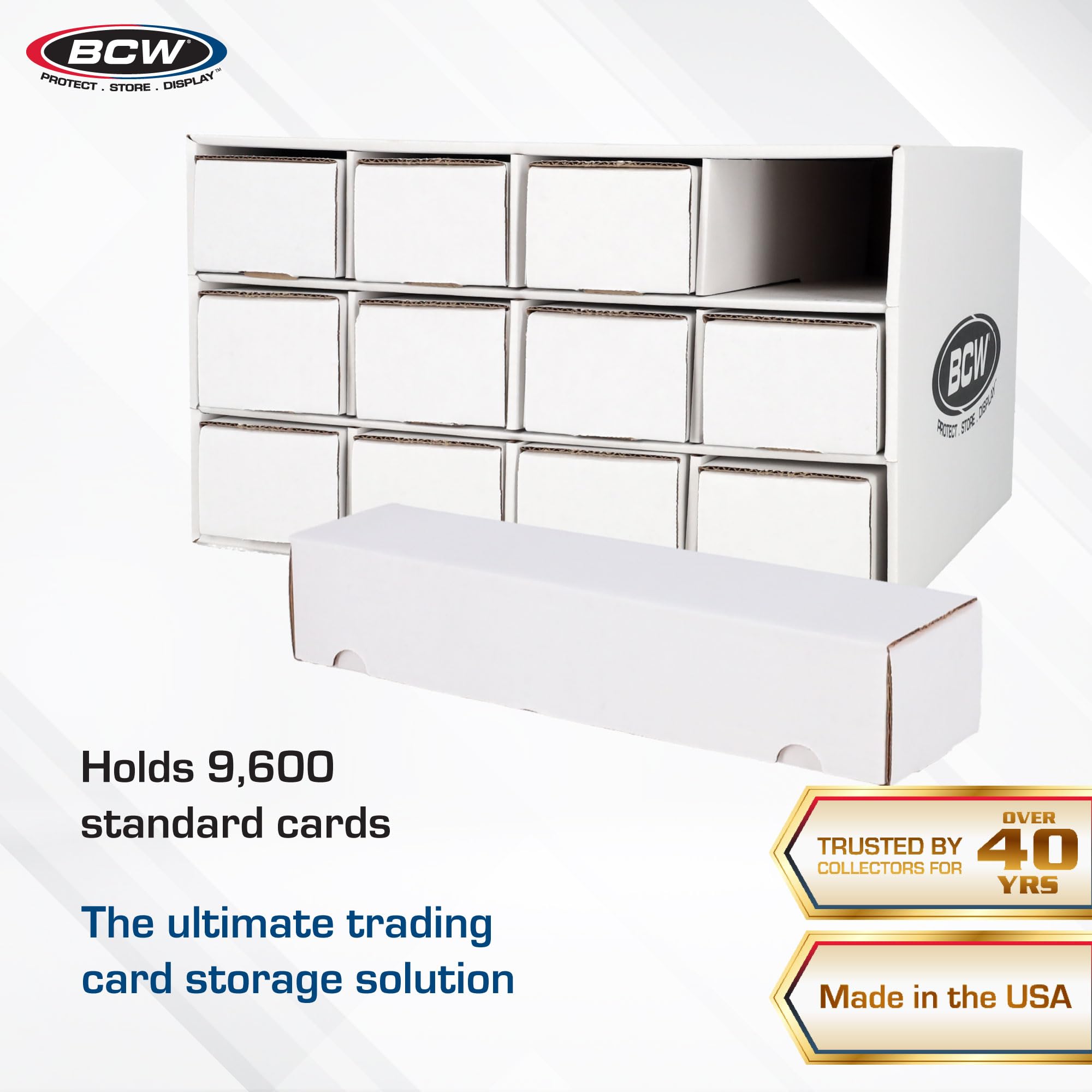 BCW 800ct boxes organized inside the unit for bulk trading card storage.