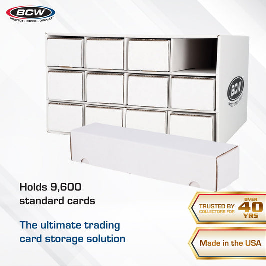 BCW 800ct boxes organized inside the unit for bulk trading card storage.