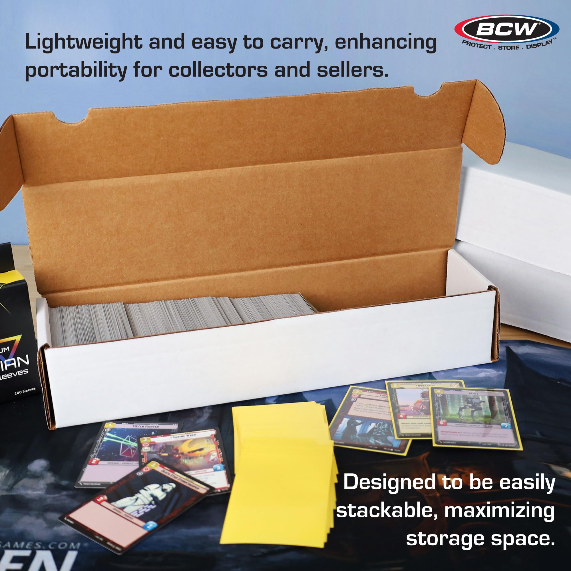 BCW 800ct stackable storage boxes illustrating space-saving organization