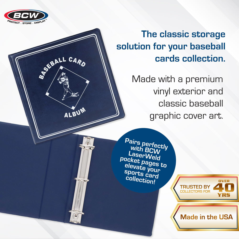BCW baseball 3-inch album blue with D-ring enables smooth page turns.