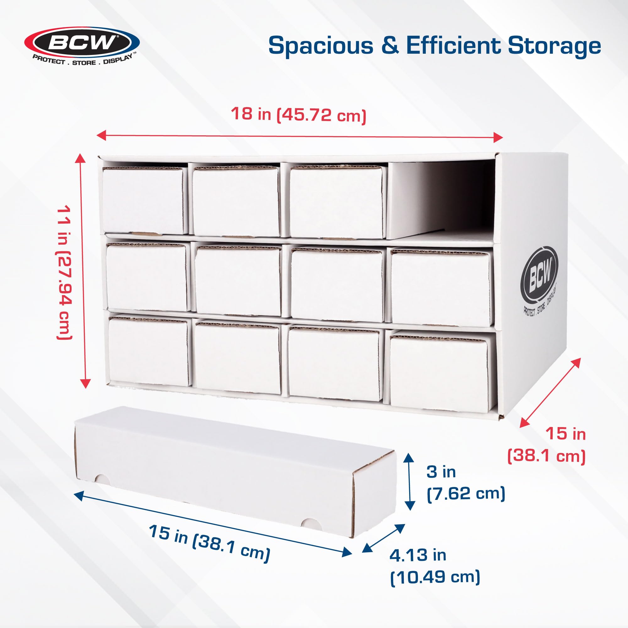 Durable white corrugated construction protects valuable cards.