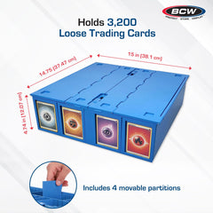 BCW blue bin showcases hinged lids for quick access.