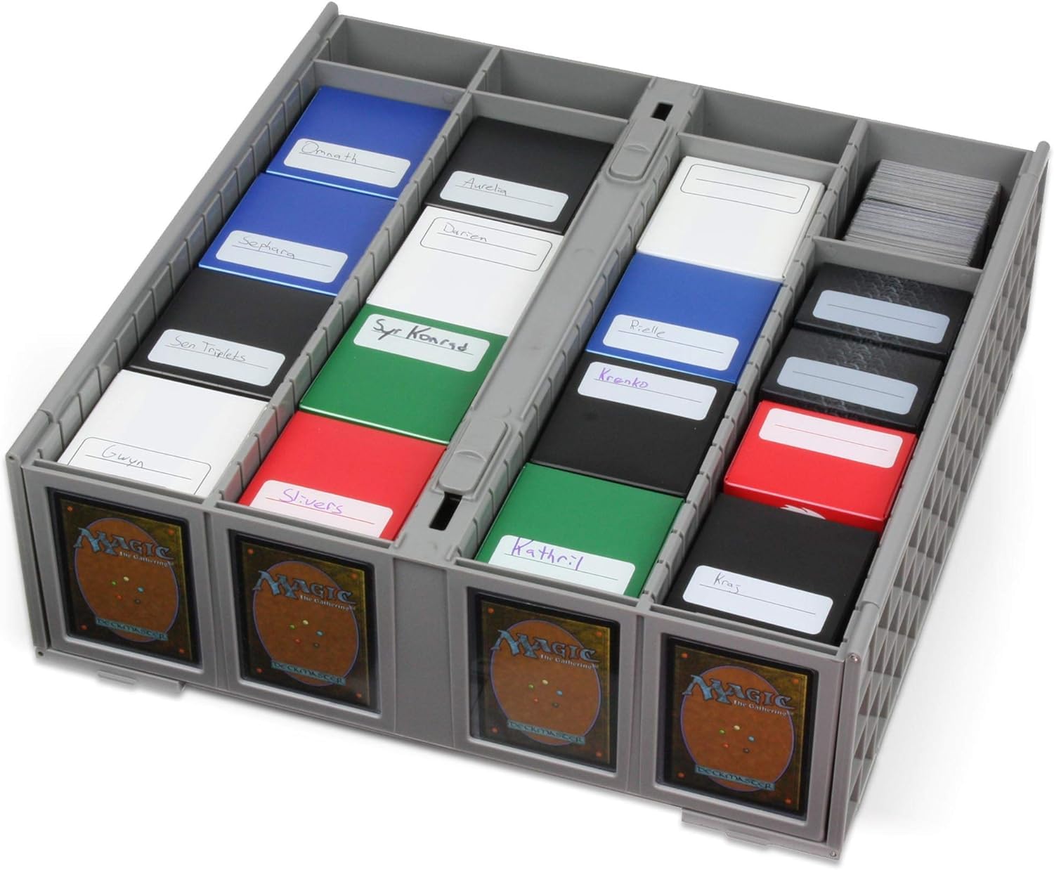 BCW Collectible Card Bin gray two-pack feet interlock with lid below for stability.