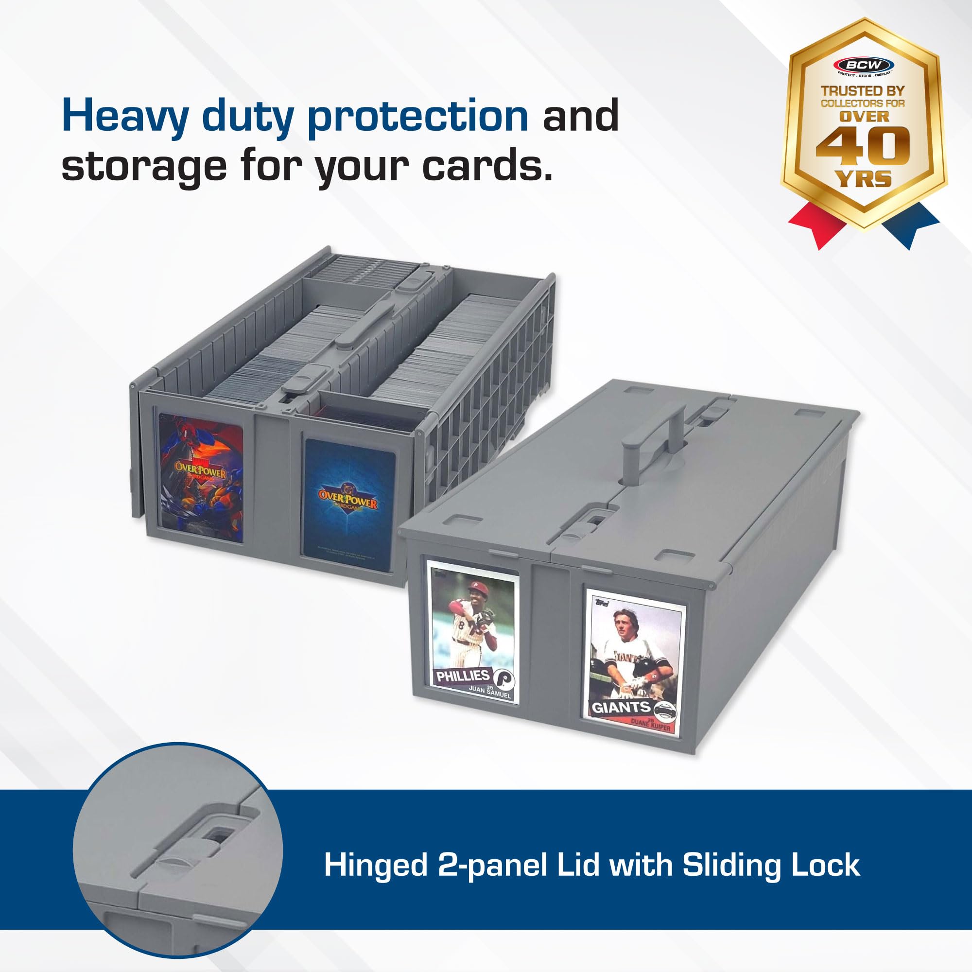 BCW Collectible Card Bin gray with open lid for easy card access and setup