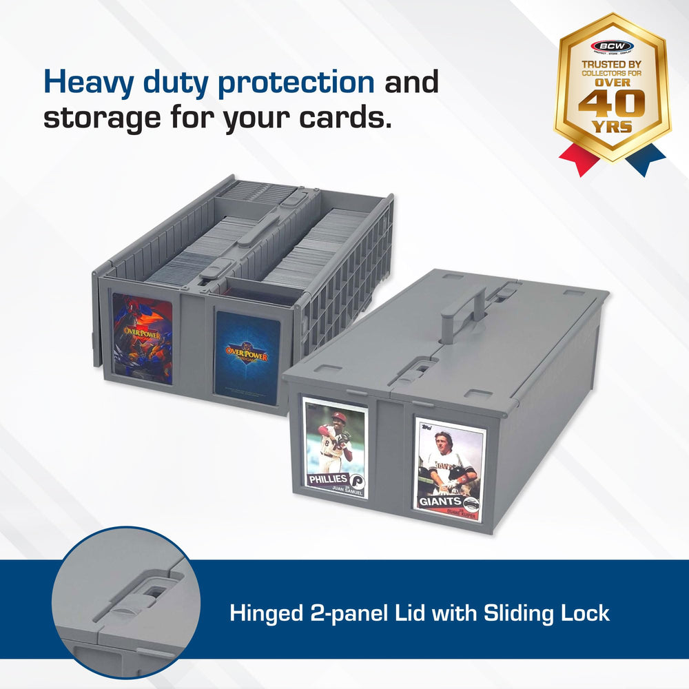 BCW Collectible Card Bin gray with open lid for easy card access and setup