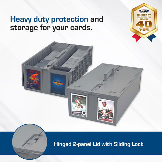 BCW Collectible Card Bin gray with open lid for easy card access and setup