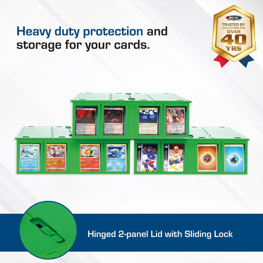 BCW Collectible Card Bin Green with dual hinged lids for easy access and secure closure.
