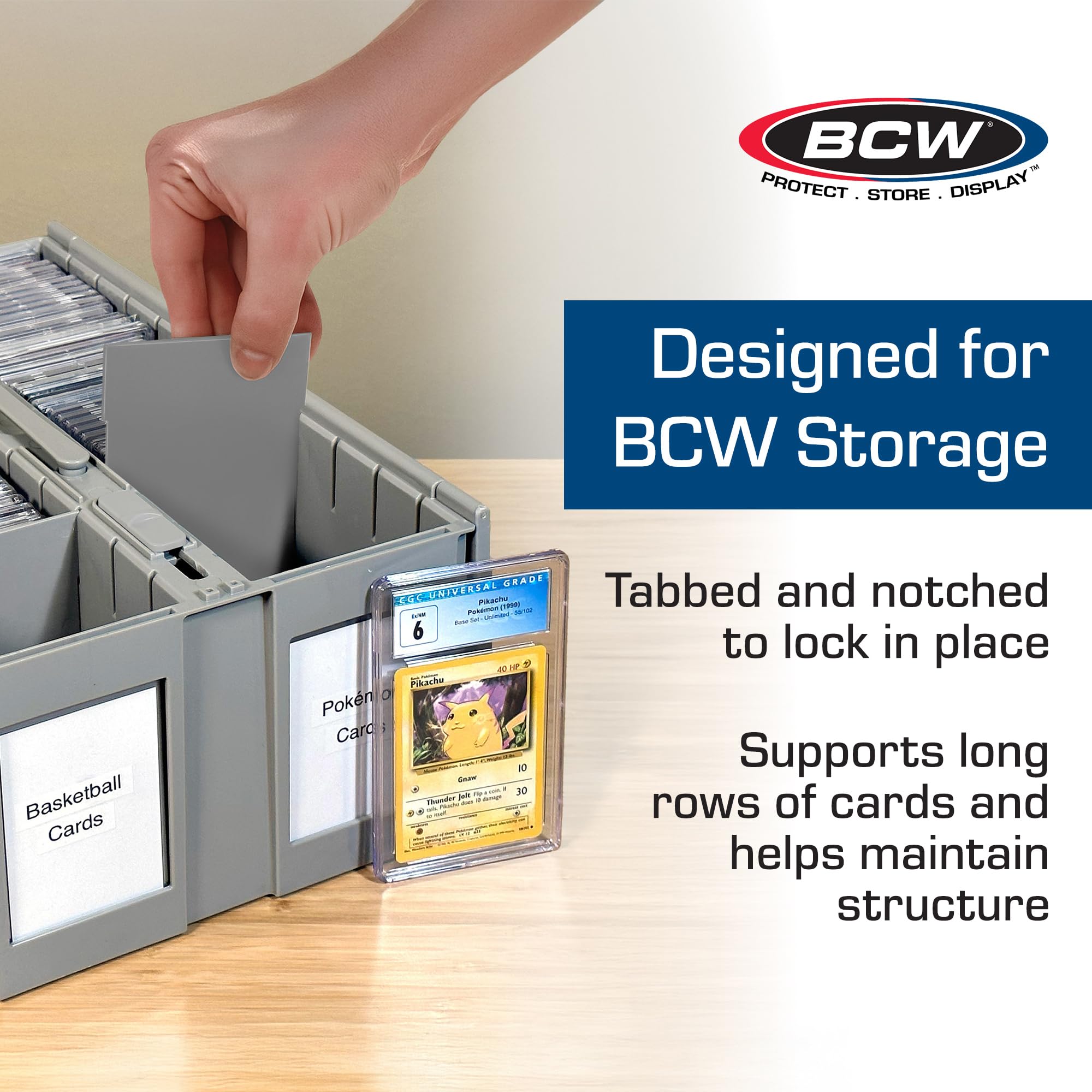 BCW gray partitions with adhesive-label surface for quick labeling within the bin