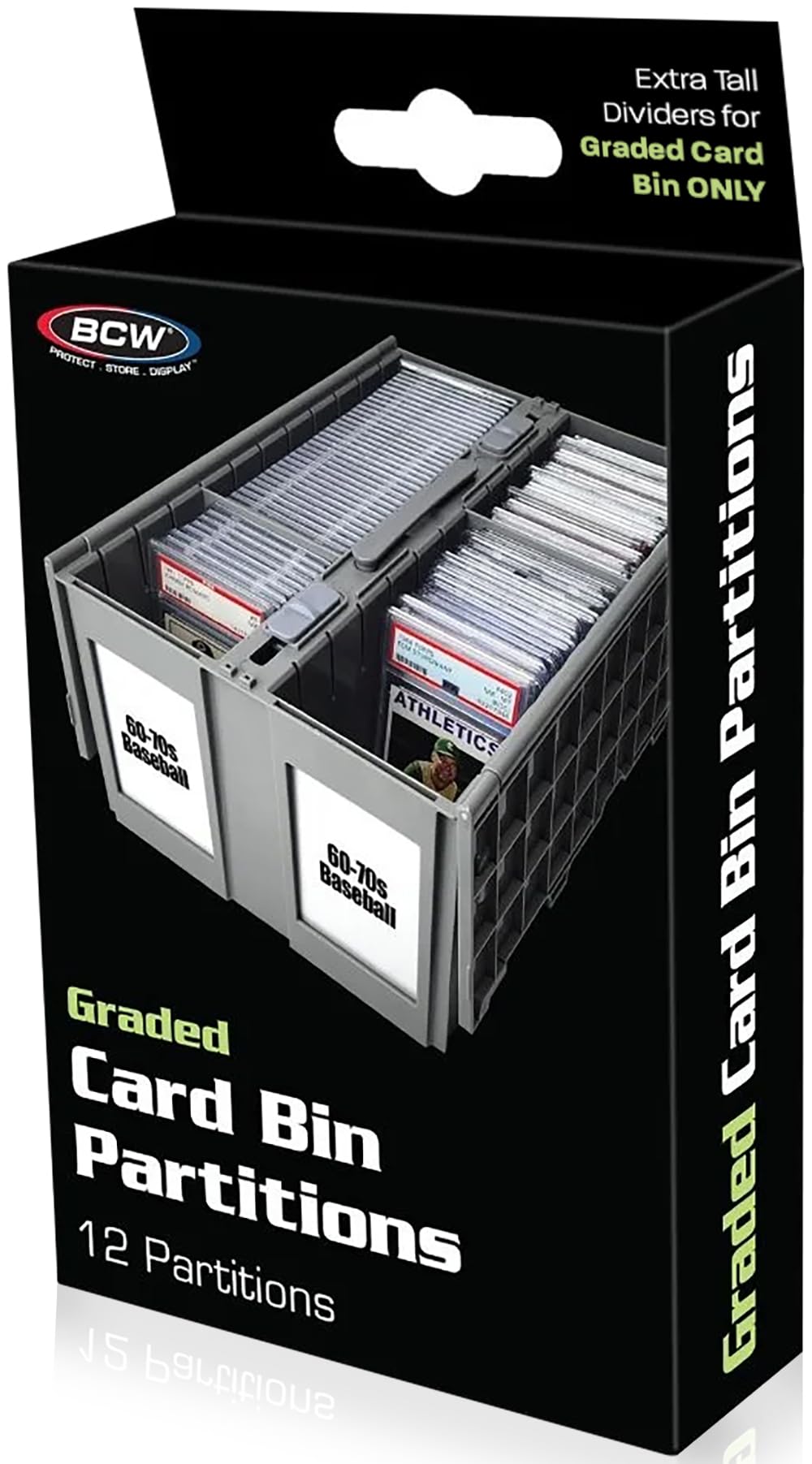BCW graded card bin partitions gray front view organizing PSA, BGS, SGC slabs for easy access