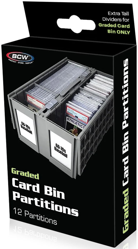 BCW graded card bin partitions gray front view organizing PSA, BGS, SGC slabs for easy access