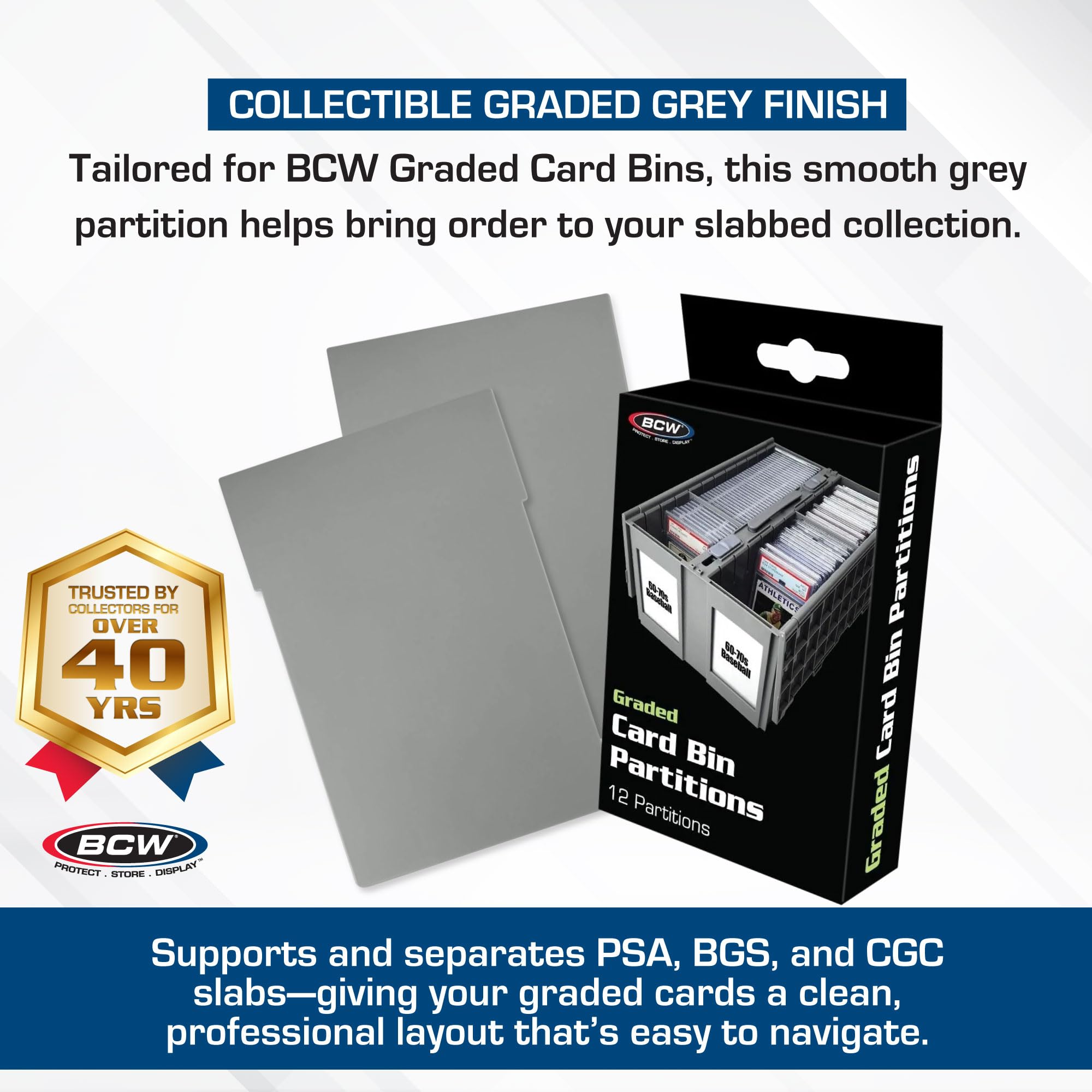 BCW partitions gray inside-bin setup secures upright slabs for efficient storage