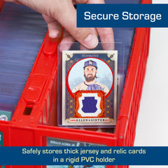 BCW memorabilia and trading cards stored securely in thick top loaders.
