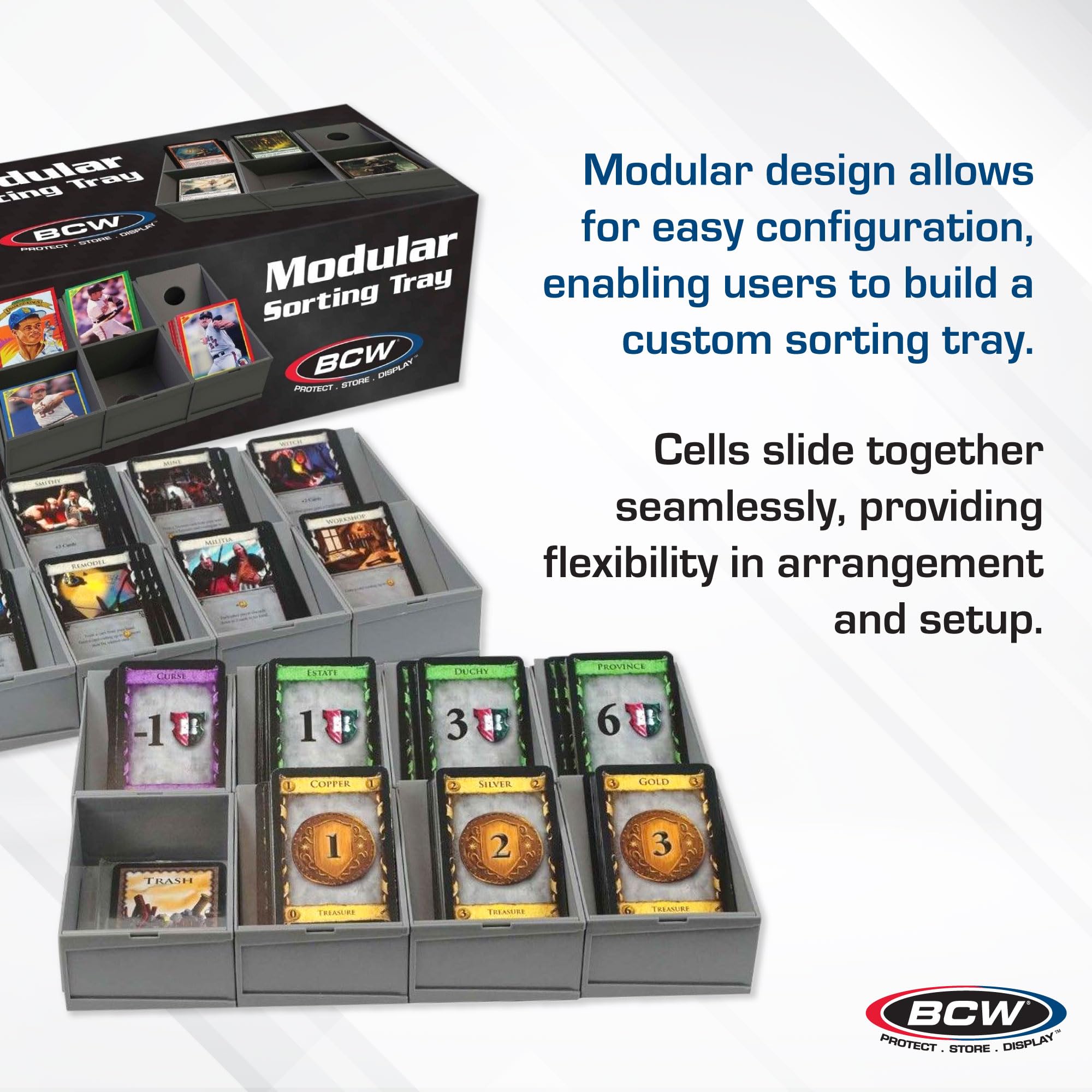 BCW Modular Card Sorting Tray interior cell dimensions for sleeves and toploaders, secure storage.