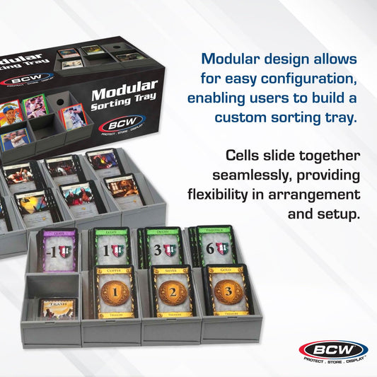 BCW Modular Card Sorting Tray interior cell dimensions for sleeves and toploaders, secure storage.