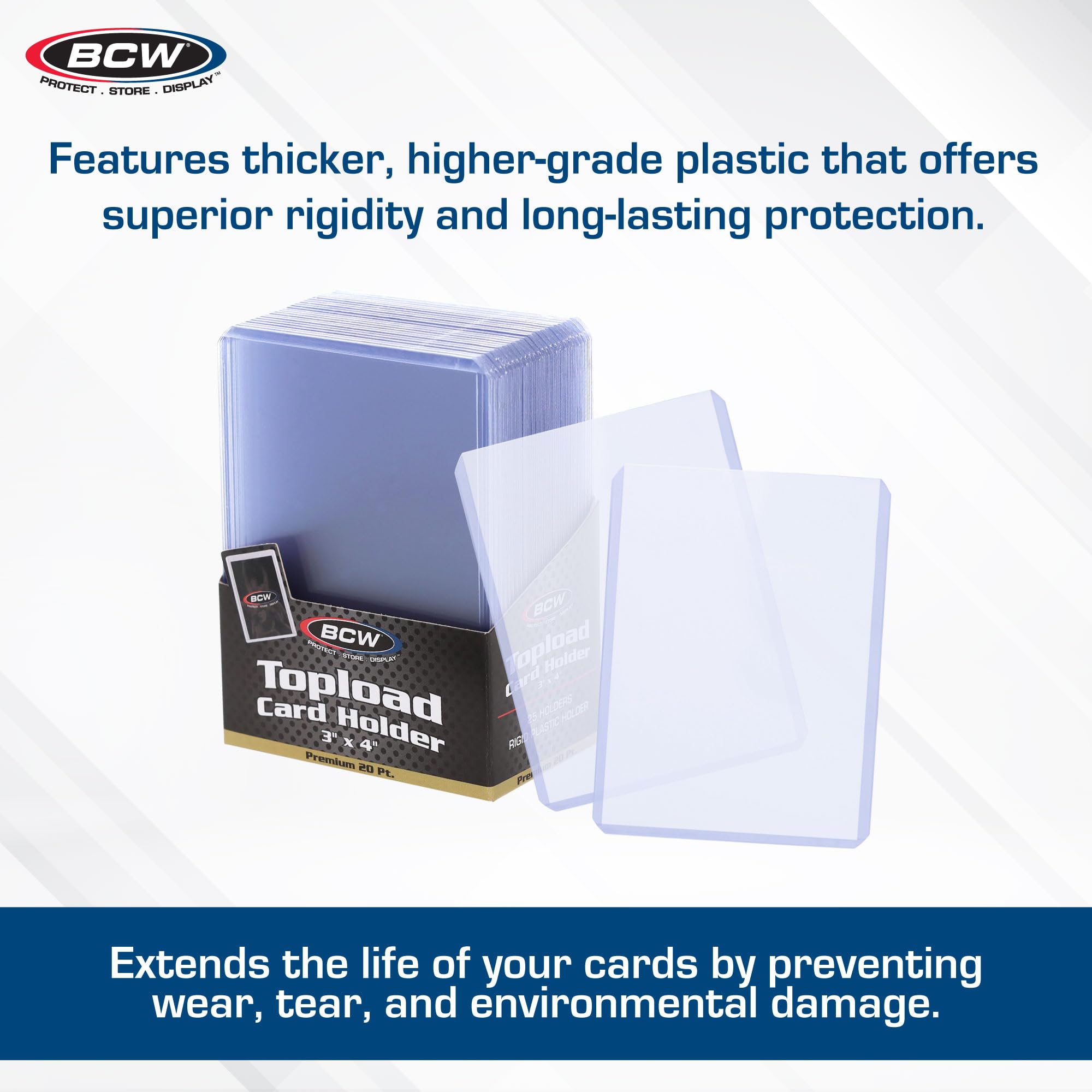 BCW Premium 3x4 Toploaders durability close-up highlighting crystal-clear plastic