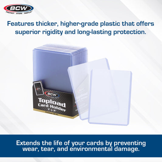 BCW Premium 3x4 Toploaders durability close-up highlighting crystal-clear plastic