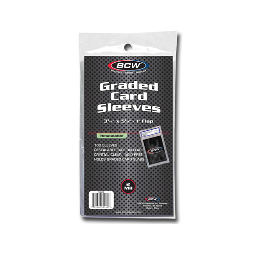 BCW resealable graded card sleeves with universal fit for PSA, Beckett, and SGC slabs.