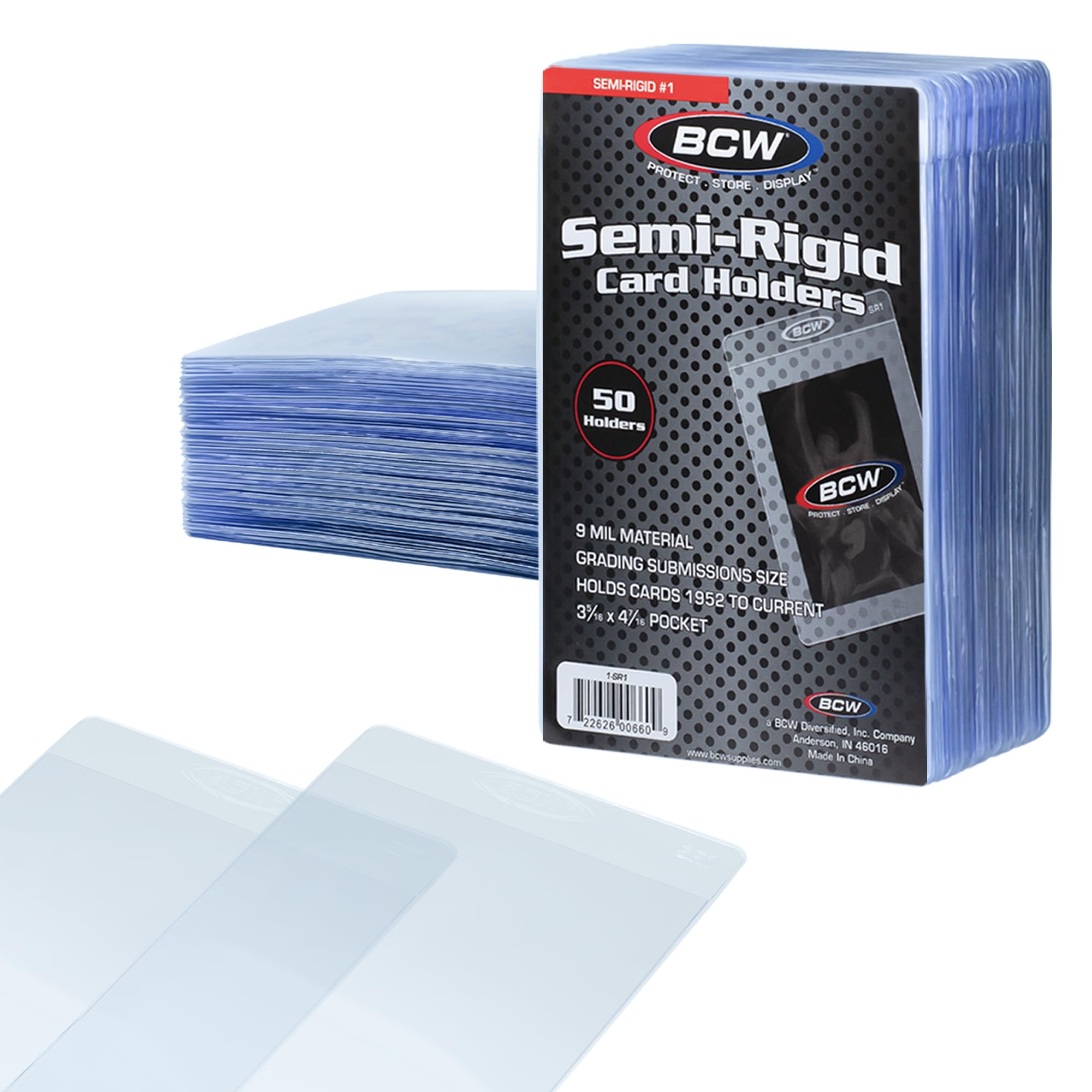BCW semi rigid card holder 50-pack – front view for grading submissions.