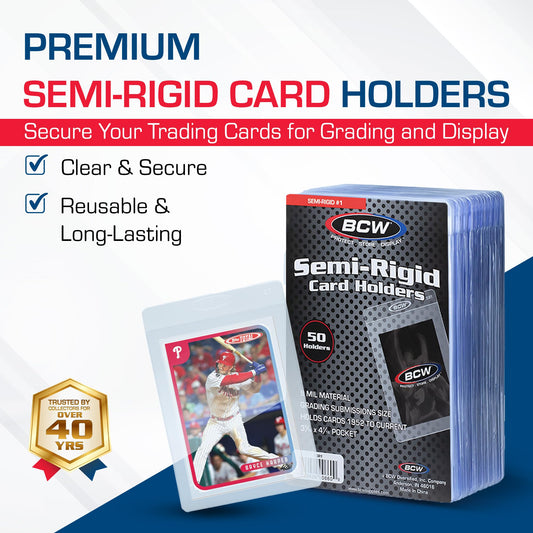 BCW semi rigid card holder front view highlighting secure fit for standard cards.