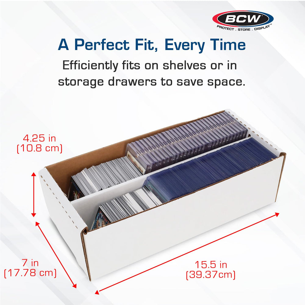 BCW Shoe Storage Card Box front view lists exterior and interior dimensions for a snug fit