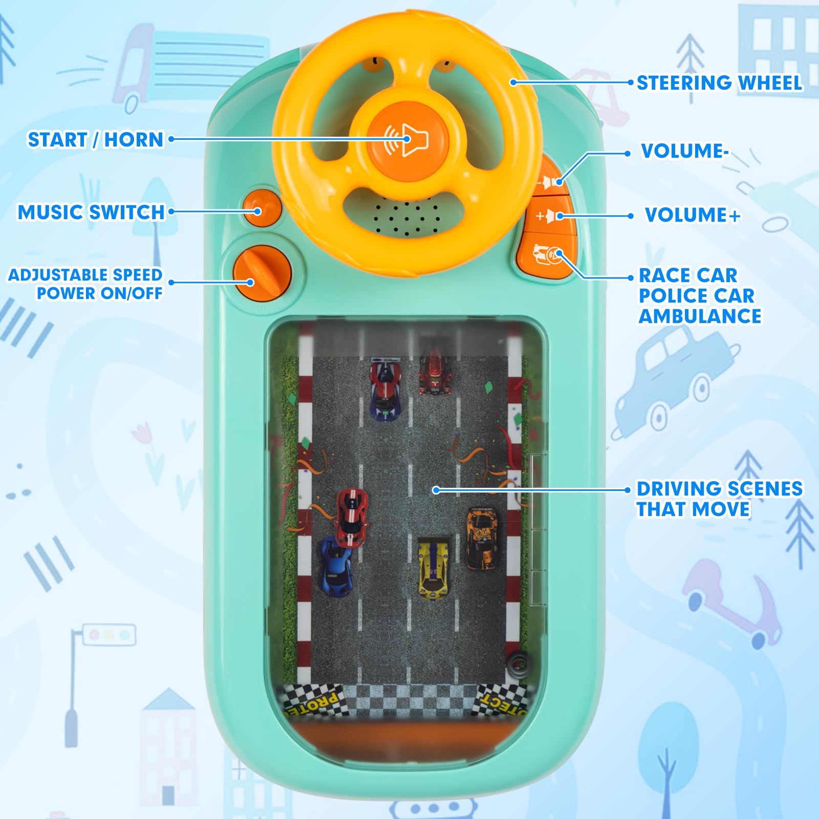 Beacron steering wheel toy with drum buttons for sensory exploration.