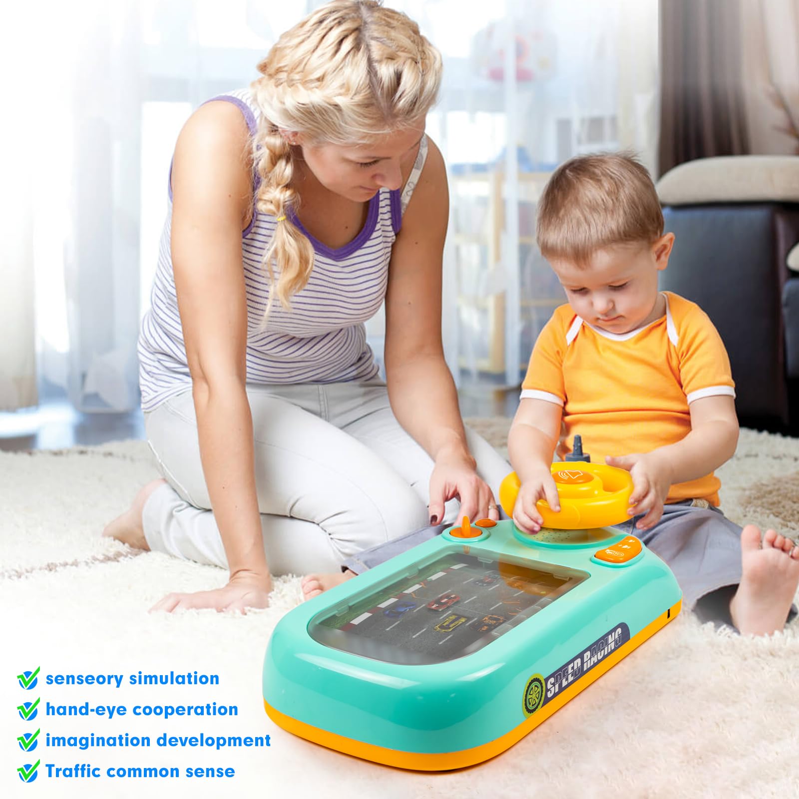Beacron musical steering wheel toy is portable for on-the-go fun.