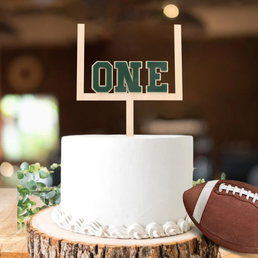 BEADED football-1st birthday topper in wood and acrylic for rustic cake decoration.