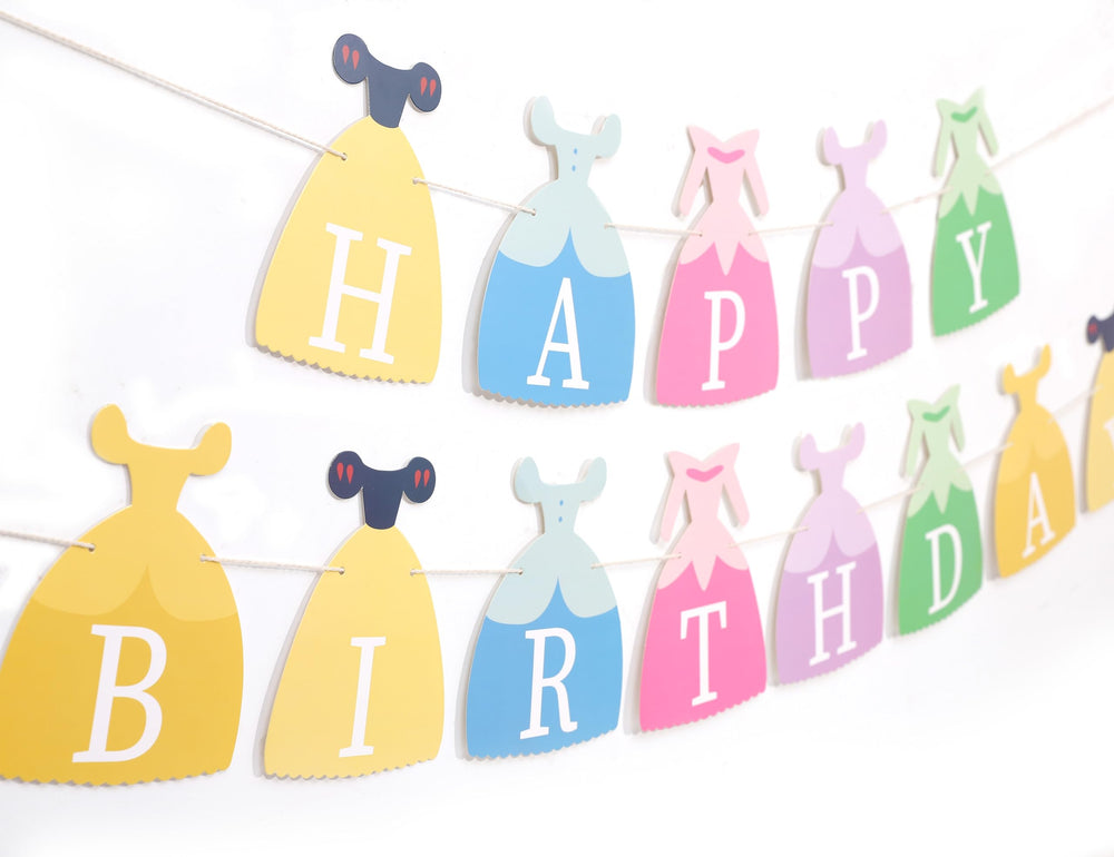 BEADED Princess Dress Happy Birthday Banner, pastel princess design, ideal photo backdrop for celebrations.