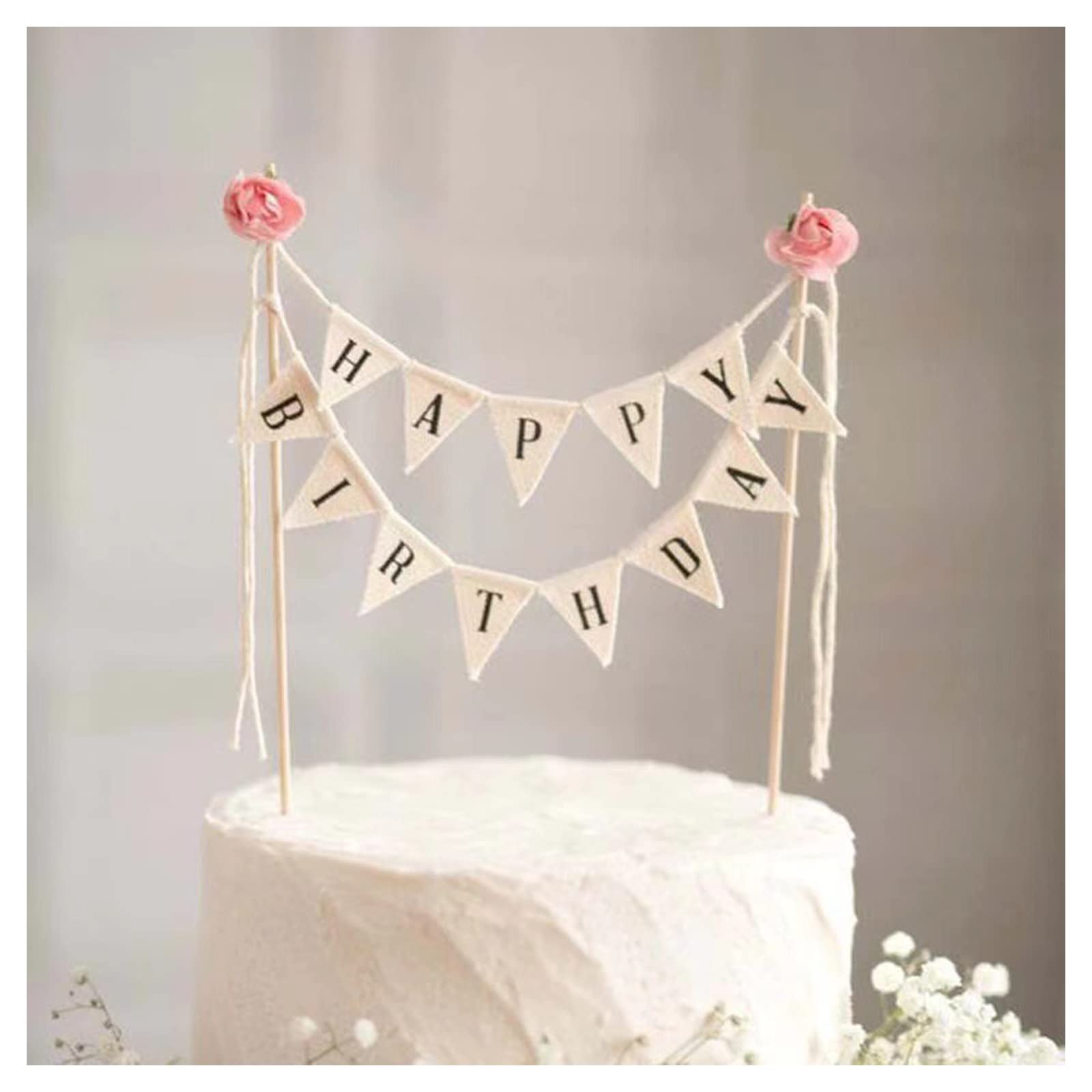 BEAIMUXI Happy Birthday banner with ivory cotton flags and wood poles for elegant cake décor