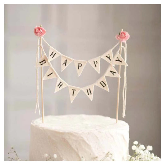 BEAIMUXI Happy Birthday banner with ivory cotton flags and wood poles for elegant cake décor