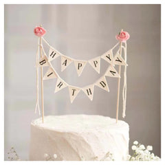 BEAIMUXI Happy Birthday banner with ivory cotton flags and wood poles for elegant cake décor