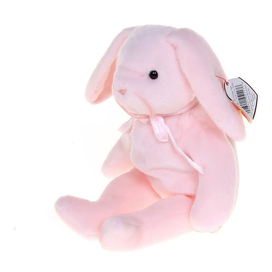 Beanie Babies Hoppity pink rabbit with bow, a charming collectible display piece.