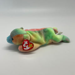 Beanie Babies Sammy the Bear side view highlights soft plush and unique pattern.