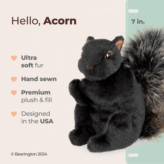 Bearington Acorn Black plush squirrel close-up face detail, realistic charm for collectors