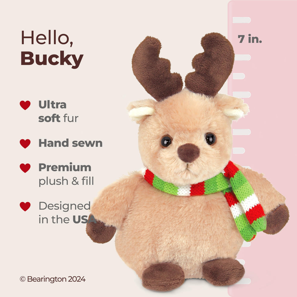 Bearington Bucky Reindeer with holiday scarf adds festive charm.